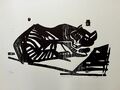 „Katze in Deckung | Holzschnitt Druck | Franz Ruffing 1980 | 89x111 cm