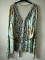 6 Biba Shirtjacke Gr M/L türkisbraun Ornamente Pailietten Rüschen Goldprint-Deko