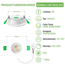 68mm LED Einbaustrahler Schwenkbar 3CCT Dimmbar Flach Rund Strahler Bad 60°/120°