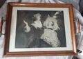 Antik Serviertablett Holz  Mutter Kind Bild Kunst Lithographie? hinter Glas