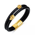 Armband Herren Leder Kunststoff Leder Schwarz Gold Schädel Geflecht Starr 280316