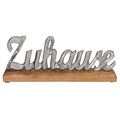 Zuhause Schriftzug Deko Figur Holzsockel Silber farbig Skulptur Metall Home