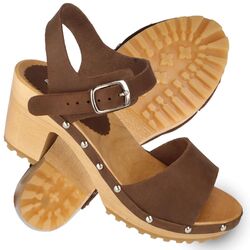 Damen Leder Clogs mit Absatz offene Holzschuhe Sandalen Braun 35-41