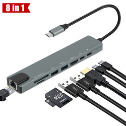 USB-C Hub 8-in-1 Adapter HDMI 4K USB 3.0 Micro SD RJ45 Ethernet Netzwerk Macbook