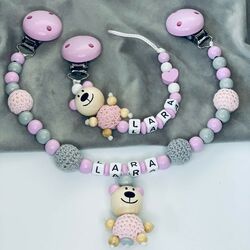 💕 Kinderwagenkette schnullerkette mit Namen 3D Teddy Bär in ein Zartes Rosa 💕