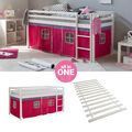 Kinder Hochbett 90x200 Lattenrost Kinderbett Bett Weiß Vorhang Pink Homestyle4u