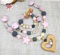 Schnullerkette Set mit Name Mädchen Greifling Kinderwagenkette Rosa Herz Taufe