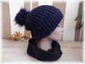 hübsche Winter Strick Mütze mit Pelz-Bommel Bommelmütze Beanie * One Size