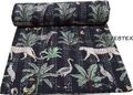 Indische Kantha Decke Tier Aufdruck Schwarz Queen Baumwolle Bettdecke Bettwäsche