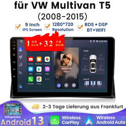 DAB+ 9'' Android 13 Autoradio CarPlay GPS Navi WiFi Für VW Multivan T5 2008-2015