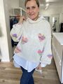 Strickpullover Pulli Beige mit bunten Herzen Stehkragen OneSize bis Gr. 42 (M5)