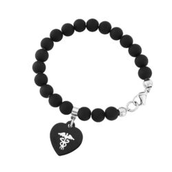 Damen schwarzes Herz medizinisches Armband schwarz Perlen Achat Mediziner Ausweis Schmuck UK Vamp