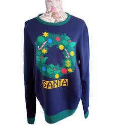 Weihnachtspullover Ugly Sweater Strickpulli blau Weihnachtskranz Herren Gr L