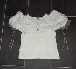 Knopp Damen Stretch Bluse Trachtenbluse weiß mit Spitze Gr. 40 Ärmel aus Leinen