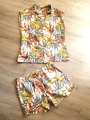 Gr.36/38 Damen Leinen Anzug 2tlg. Shorts+Bluse,Blusentop+Shorty,bunt,mehrfarbig