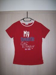 Damen-Kurzarm-Shirt  "TOM TAILOR", Gr. 38 / S, rot mit buntem Text-Aufdruck