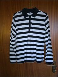 Bogner langarm Polo Shirt Bluse pique Longsleeve Oberteil Streifen Schwarz Weiß 