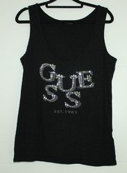 GUESS Damen  Gr. L Top T-Shirt Tanktop schwarz mit Applikationen Steine!