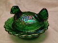 Mosser hunter green iridescent carnival glass Hen on nest Salt Cellar 2,75"