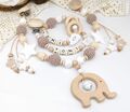 Schnullerkette mit Name Mädchen Set Beige Greifling Kinderwagenkette Elefant