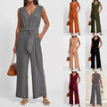 Damen V-Neck Overall Ärmellos Jumpsuit Gürtel Weites Bein Hose Sommer Hosenanzug