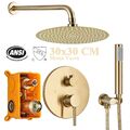 Gebürstetes Gold Unterputz Duscharmatur set 30 cm Rund Regendusche Duschsystem