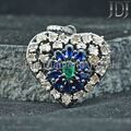 Natürlich Blauer Saphir Smaragd Edelstein Polki Pave Diamant 925 Silber Anhänger