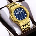 Herren Uhr Armbanduhr Luxus Männer Gold blau Edelstahl wasserdichte leuchtende