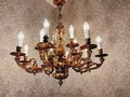 antik Großer 12 Fl Kronleuchter Deckenlampe Lüster Goldbronze Kristall ca. 1900