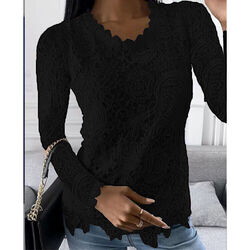 Damen Elegant Spitze Langarmshirt T-Shirt Freizeit Oberteile Herbst Blusehemd DE