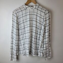 M&S Damen Größe 10 weiß schwarz kariert Druck Bluse Shirt lässig smart entspannt 