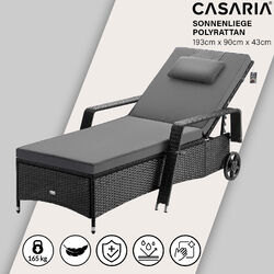 CASARIA® Gartenliege Sonnenliege Liege mit Rollen Polyrattan Auflage Relaxliege✔️5fach verstellbar✔️bis 165kg✔️Kopfkissen✔️Stahlrahmen