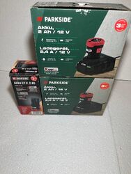 3x Parkside 12 V Akku PAPK 12 A4« 2 Ah und 2x Ladegerät »PLGK 12 A3«