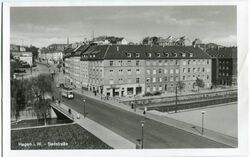 Foto-AK HAGEN /W. Badstraße, Straßenbahn, Brücke, Vogelschau 50er