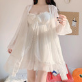 2PCS Damen Netz Nachthemd Spitze Unterhemd Langärmliges Kleid Robe Fairy Sommer