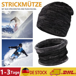 Warme gefütterte Slouch Herren Wintermütze Strickmütze Beanie Mütze Schal Sets