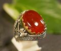 Riesiger 925 Sterling Silber Ring Siegelring Roter Stein Cabochon Teil Vergoldet