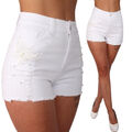 High Waist Jeans Shorts Hose Schmetterling Applikation Perlen Destroyed Look