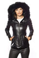 Neue schwarze Damen-Lederjacke mit Kapuze und Fell. Slim Fit Sakko aus echtem...