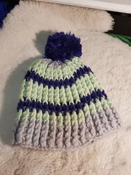 Damen Woll Strick Mütze Beanie Stretch Blau Grün Grau Bommel Wolle Warm Winter