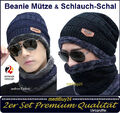 Beanie Mütze und Loop Schal Strickmütze Fellmütze Damen Herren 2 teilig warm NEU