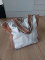 Zara Tasche Bag Shopper 100% LEDER Canvas Creme Cognac