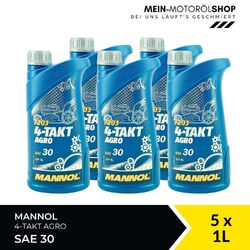 Mannol 4-Takt Agro SAE 30 Rasenmäheröl API SL JASO MA 5x1 Liter = 5 Liter