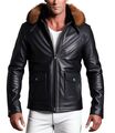 Herren Lederjacke mit Kapuze | Schwarze Lederjacke Herren Kapuzenjacke