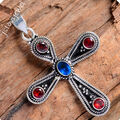 Tansanit & Granat Edelstein 925 Sterling Silber oxidiertes Kreuz Osterschmuck