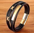 ARMBAND HERREN LEDER EDELSTAHL STECK - MAGNETVERSCHLUSS  GOLD SCHWARZ KREUZ