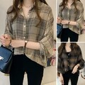 Damen Dünn Tartan kariert Karo Geknöpftes Hemd Langarm Bluse Shirt Oberteile,