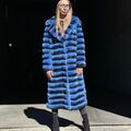 Elegante Chinchilla Frauen Echte Rex Kaninchen Pelz Mantel Revers Blau Overcoats