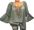 Tunika Bluse Häkelspitze Trompetenärmel Shirt Boho Ibiza Style Khaki 40 42 44