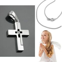 Baby Taufe Kinder Kommunion weißer Zirkonia Kreuz Anhänger Silber 925 mit Kette